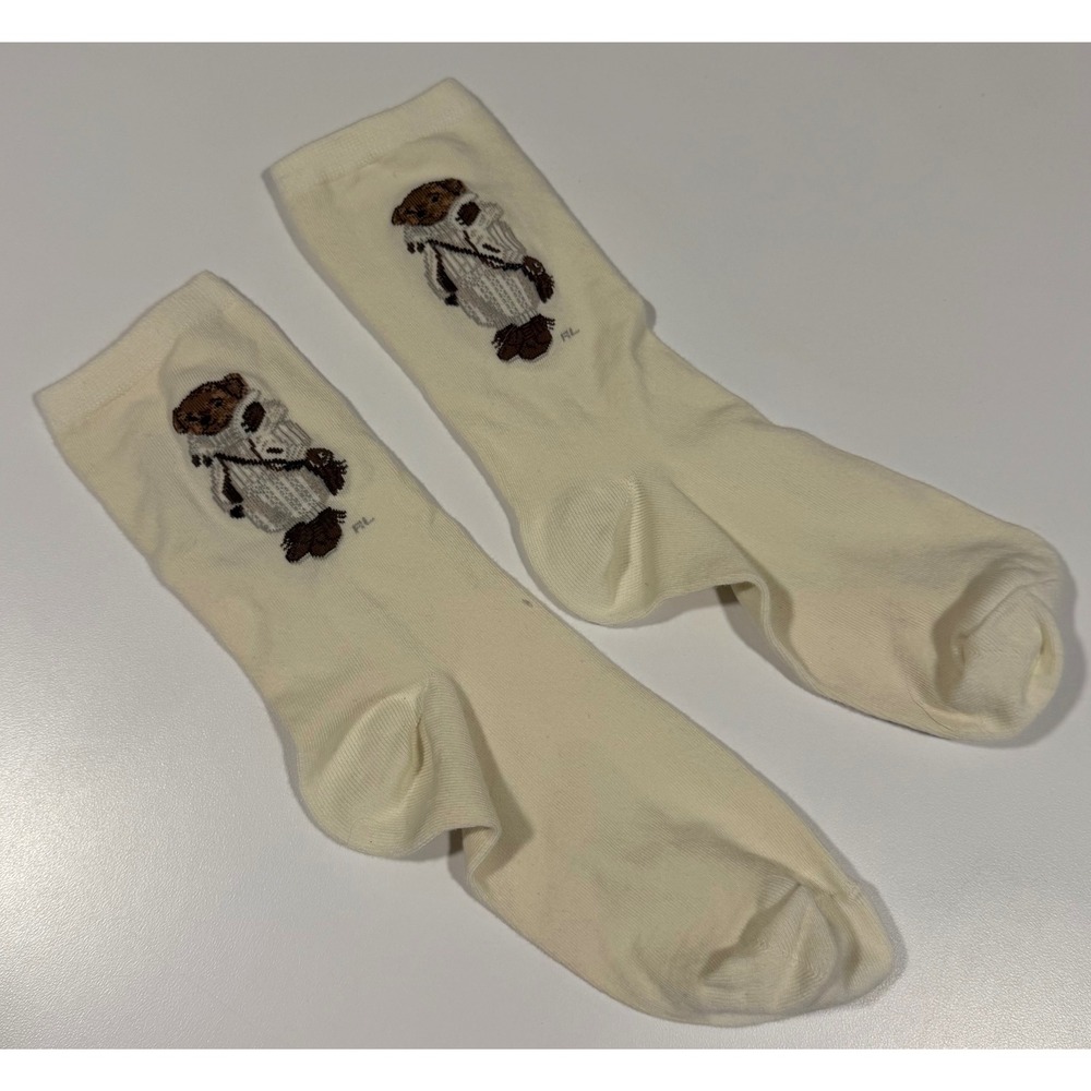 Polo Ralph Lauren Polo Bear Crew Socks Cream Off White Ribbed Knit Mens Womens